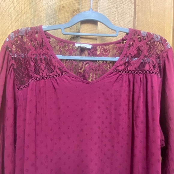 Maurices Burgundy Lace Yoke Long Sleeve Peasant Blouse Size 2 - Picture 4 of 9